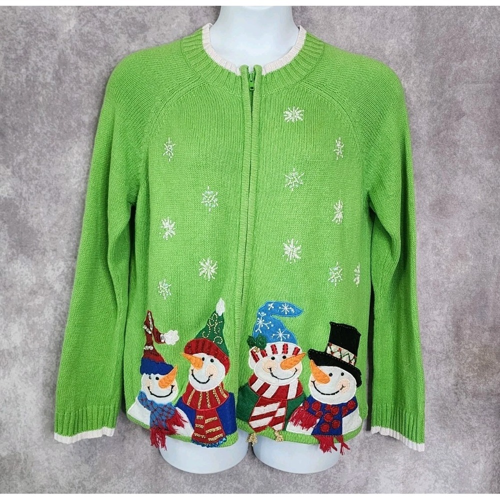 Tiara International Christmas XL Green Sweater Jacket Snowman Beaded Embroidered